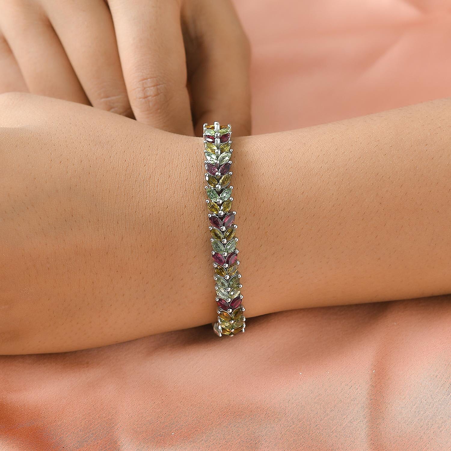 Multi-Tourmaline Double-Row Bracelet in Platinum Over Sterling Silver (6.50 In) 13.50 ctw