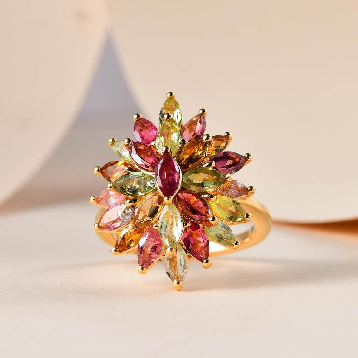 Multi-Tourmaline Floral Spray Ring in Vermeil Yellow Gold Over Sterling Silver (Size 6.0) 3.00 ctw image number 1