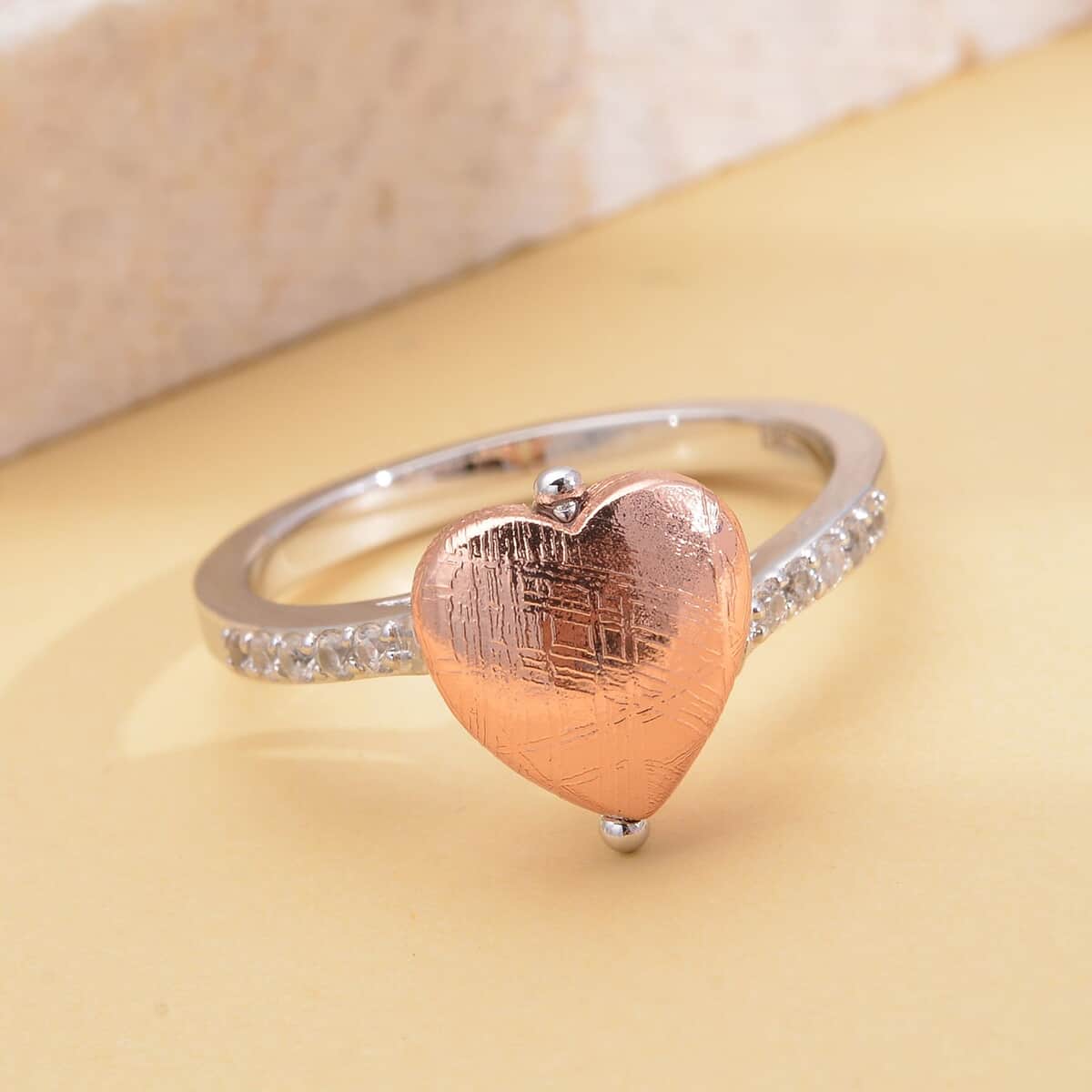 Marvelous Meteorites and White Zircon Heart Ring in Rhodium Over Sterling Silver (Size 10.0) 0.25 ctw image number 1