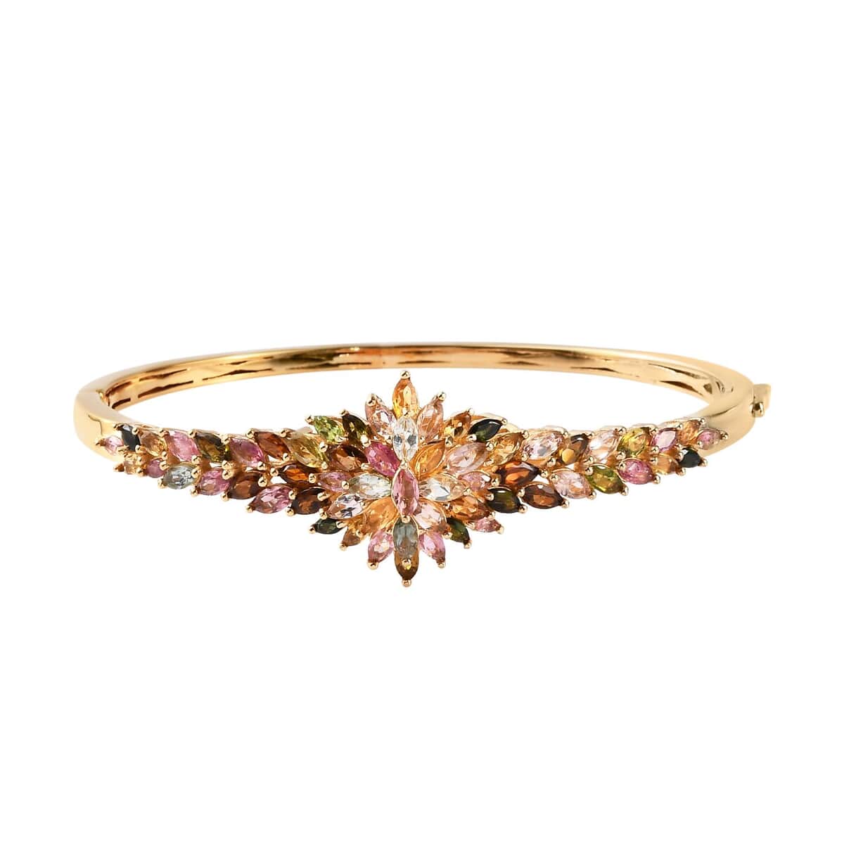 Multi-Tourmaline Floral Spray Bangle Bracelet in Vermeil Yellow Gold Over Sterling Silver (7.25 In) 7.35 ctw image number 0