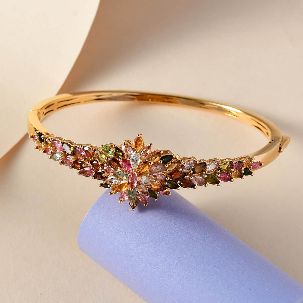 Multi-Tourmaline Floral Spray Bangle Bracelet in Vermeil Yellow Gold Over Sterling Silver (7.25 In) 7.35 ctw image number 1