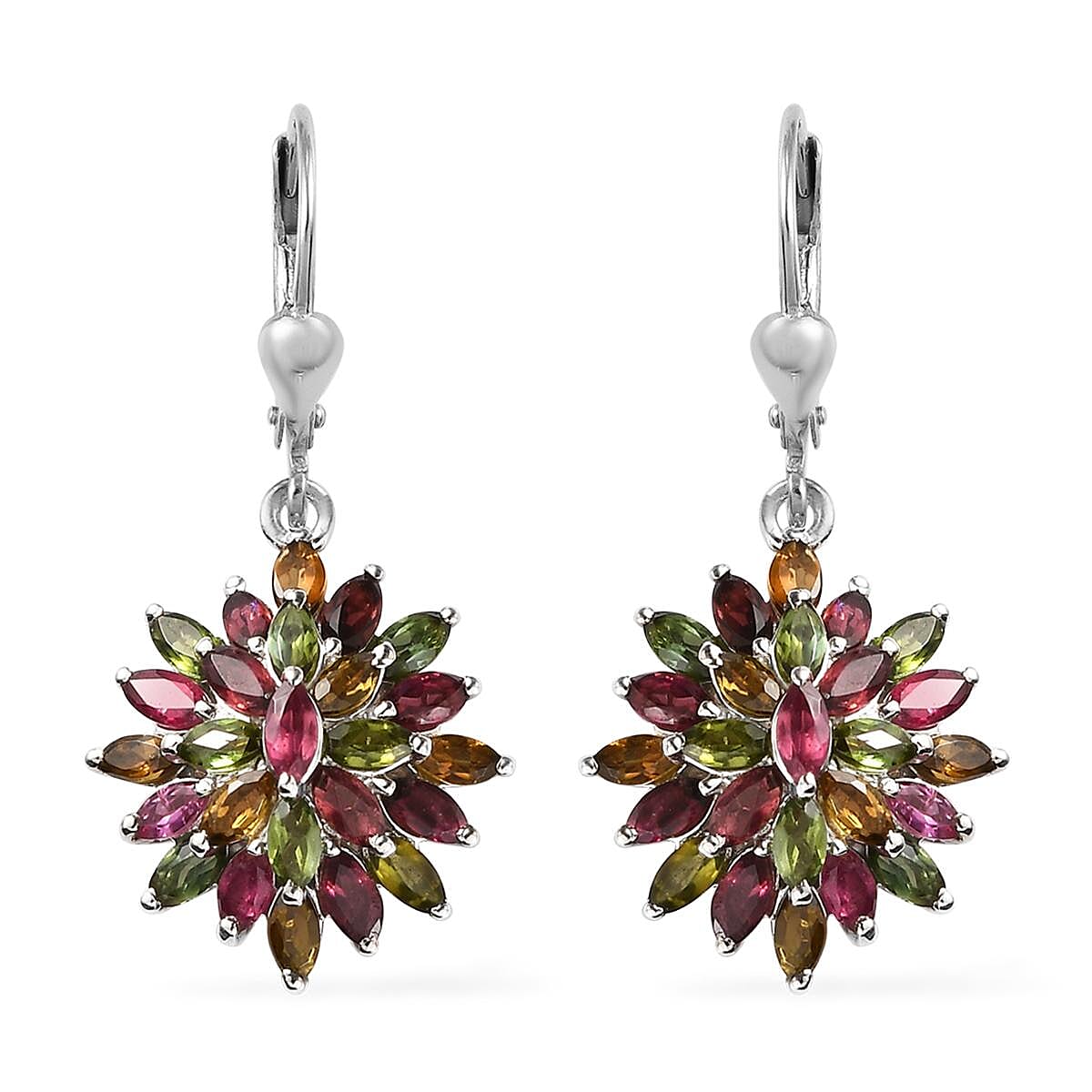 Multi-Tourmaline Floral Spray Earrings in Platinum Over Sterling Silver 4.40 ctw