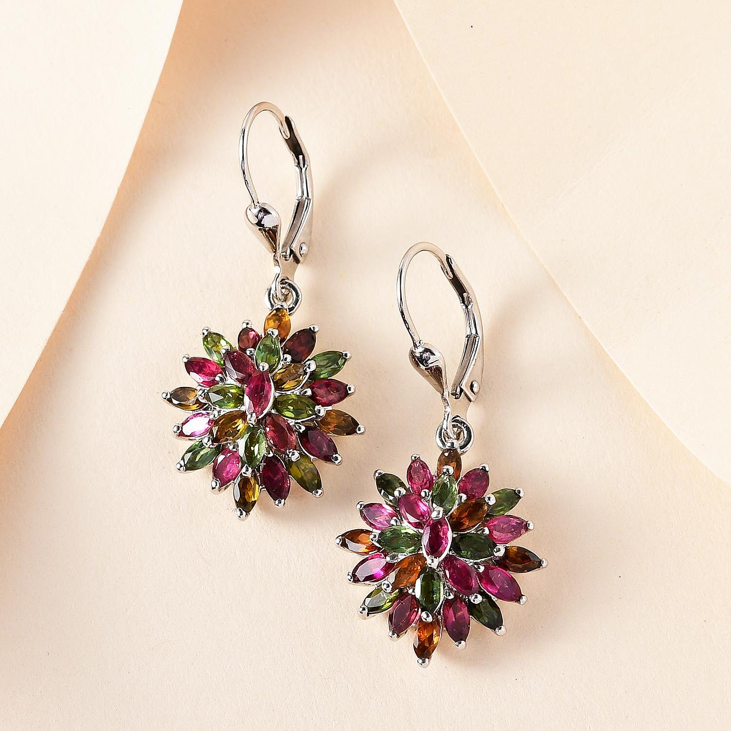 Multi-Tourmaline Floral Spray Earrings in Platinum Over Sterling Silver 4.40 ctw