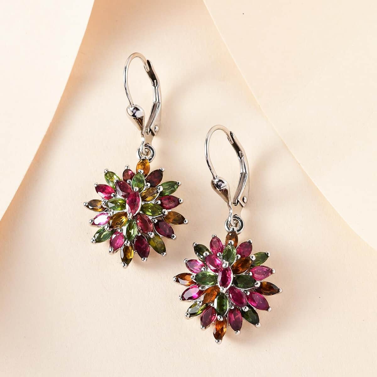 Multi-Tourmaline Floral Spray Earrings in Platinum Over Sterling Silver 4.40 ctw image number 1