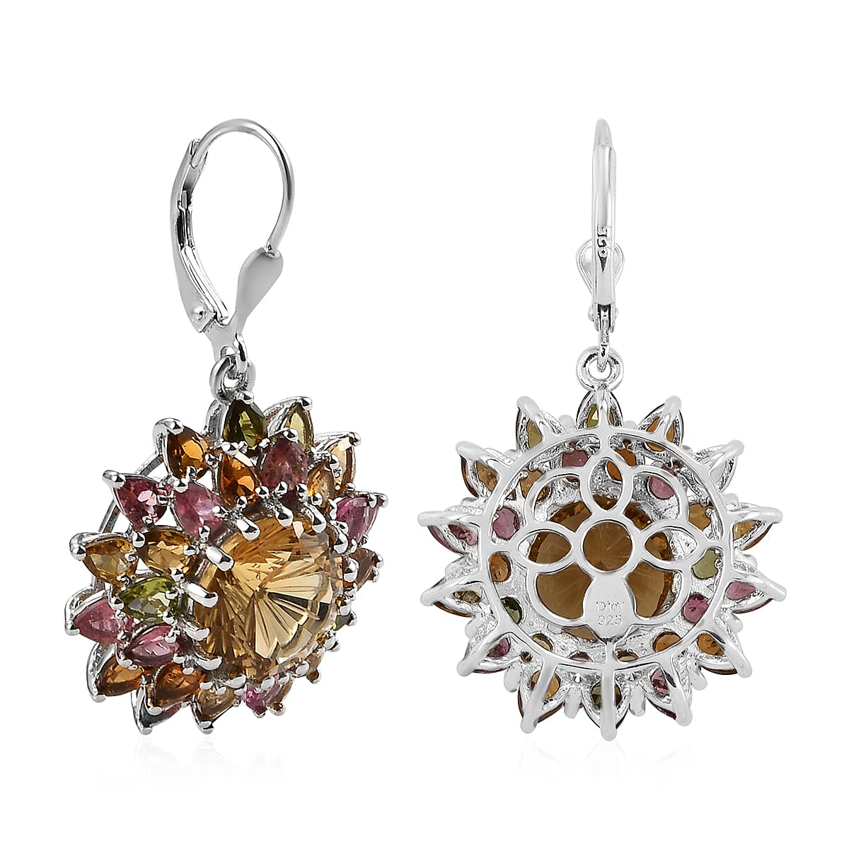 Hanabi Cut Brazilian Citrine, Multi-Tourmaline Firework Earrings in Platinum Over Sterling Silver (8.65 g) 17.25 ctw image number 3