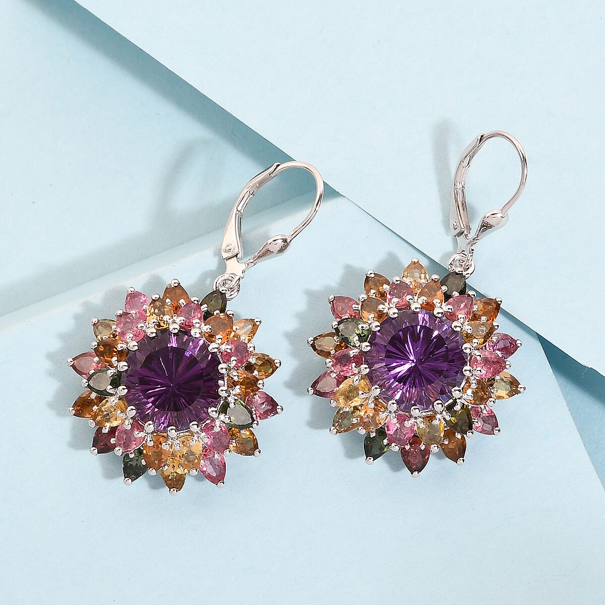 Hanabi Cut Zambian Amethyst and Multi-Tourmaline Firework Earrings in Platinum Over Sterling Silver 17.50 ctw image number 1