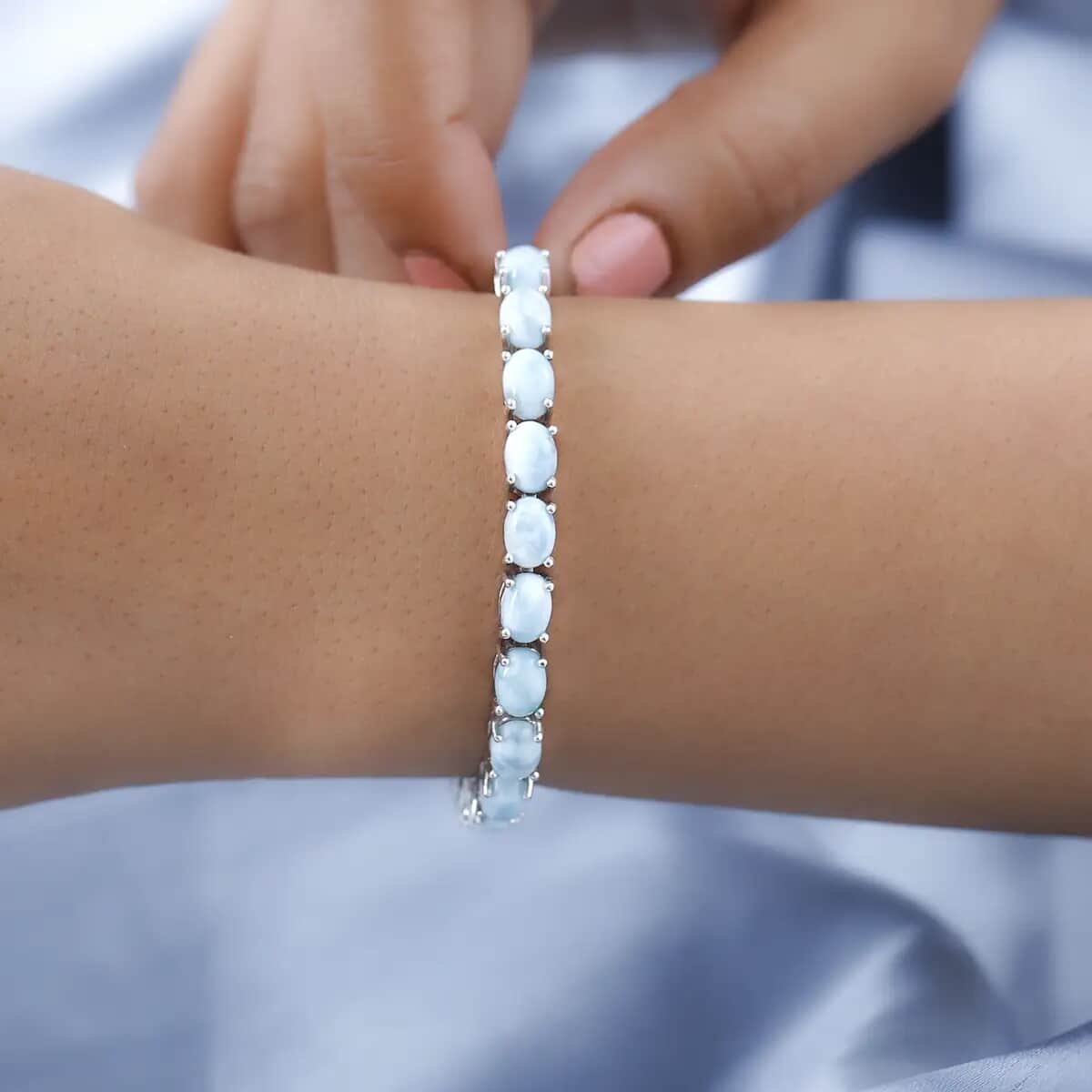 One Time Only Larimar Tennis Bracelet in Platinum Over Sterling Silver (8.00 In) 13 Grams 25.40 ctw image number 5