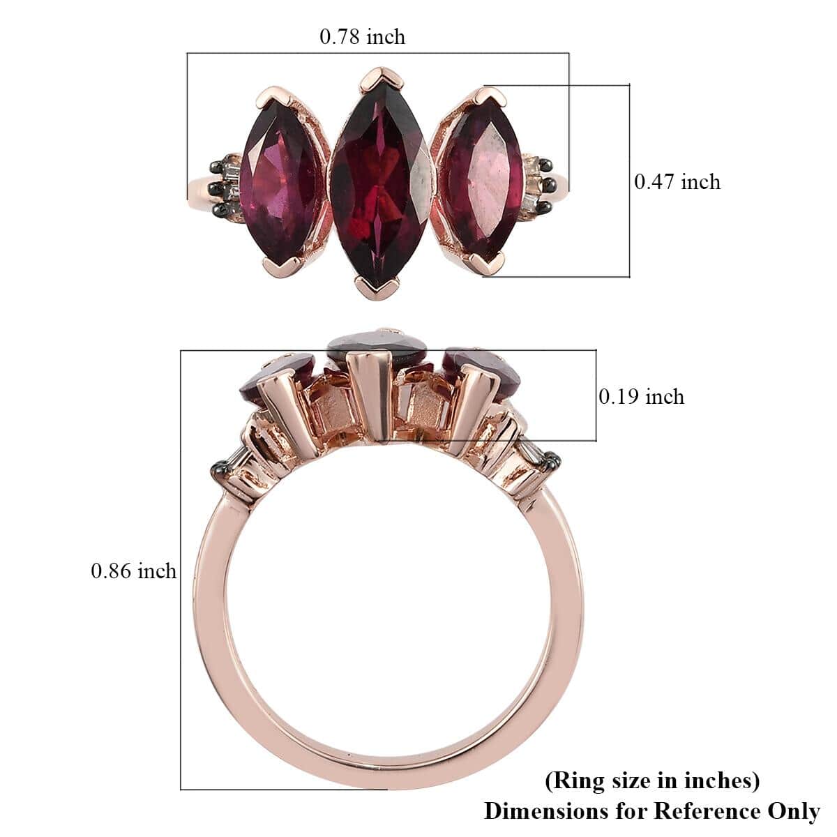 Orissa Rhodolite Garnet and Natural Champagne Diamond 3 Stone Ring in Vermeil Rose Gold Over Sterling Silver (Size 7.0) 2.50 ctw image number 5
