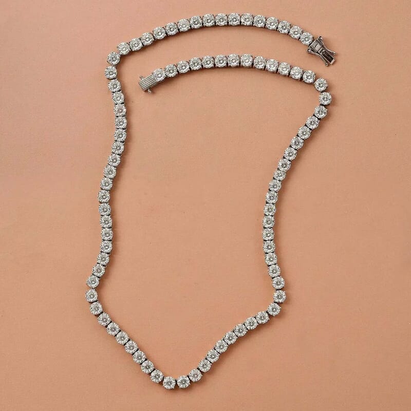 D'Joy 100 Facet Moissanite 35.85 ctw Tennis Necklace in Platinum Over Sterling Silver 18 Inches