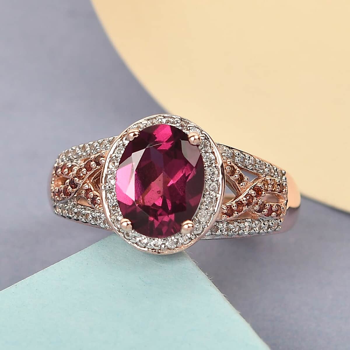Orissa Rhodolite Garnet, White and Coffee Zircon Ring in Vermeil Rose Gold Over Sterling Silver (Size 6.0) 2.85 ctw image number 1