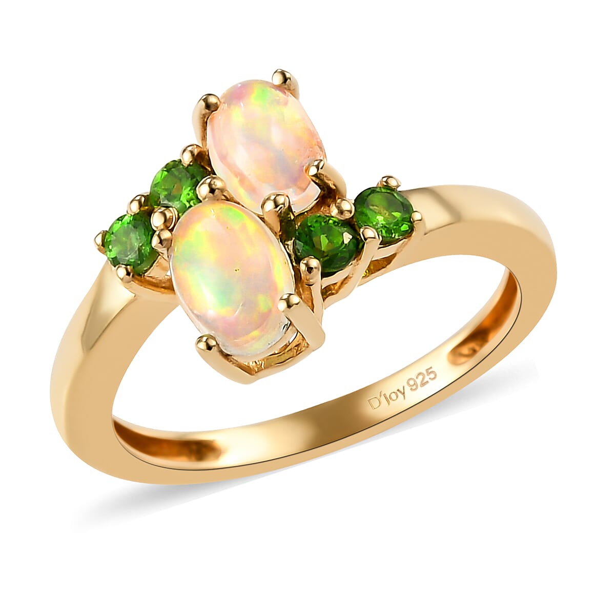 Premium Ethiopian Welo Opal and Natural Chrome Diopside Bypass Ring in Vermeil Yellow Gold Over Sterling Silver (Size 10.0) 0.85 ctw