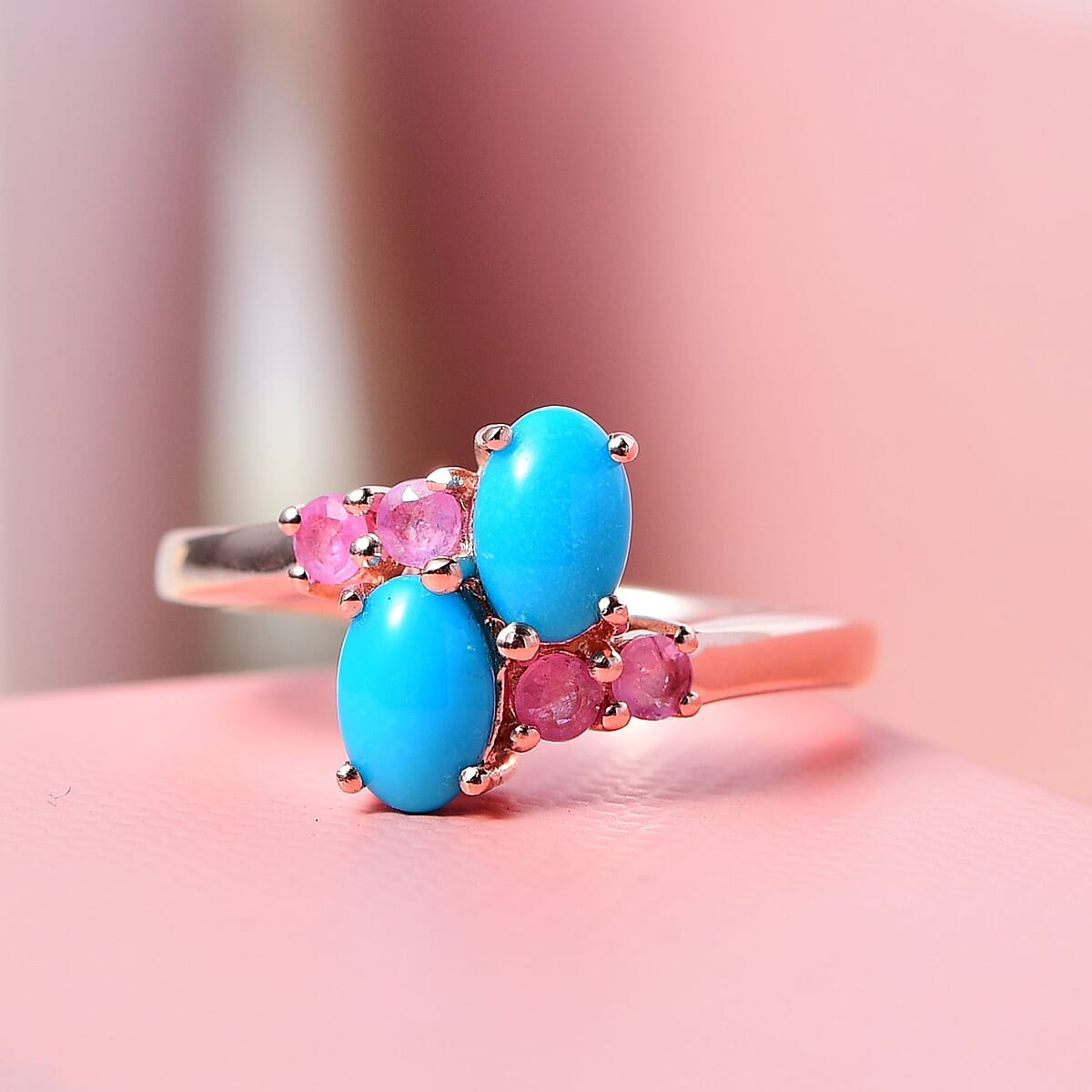 AMERICAN Natural Sleeping Beauty Turquoise and Madagascar Pink Sapphire Bypass Ring in Vermeil Rose Gold Over Sterling Silver 1.15 ctw image number 1