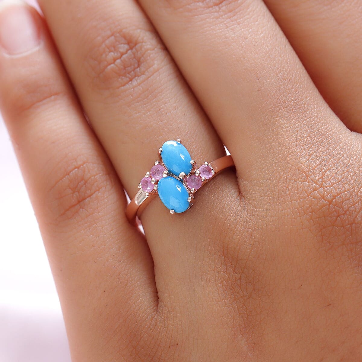 AMERICAN Natural Sleeping Beauty Turquoise and Madagascar Pink Sapphire Bypass Ring in Vermeil Rose Gold Over Sterling Silver 1.15 ctw image number 2