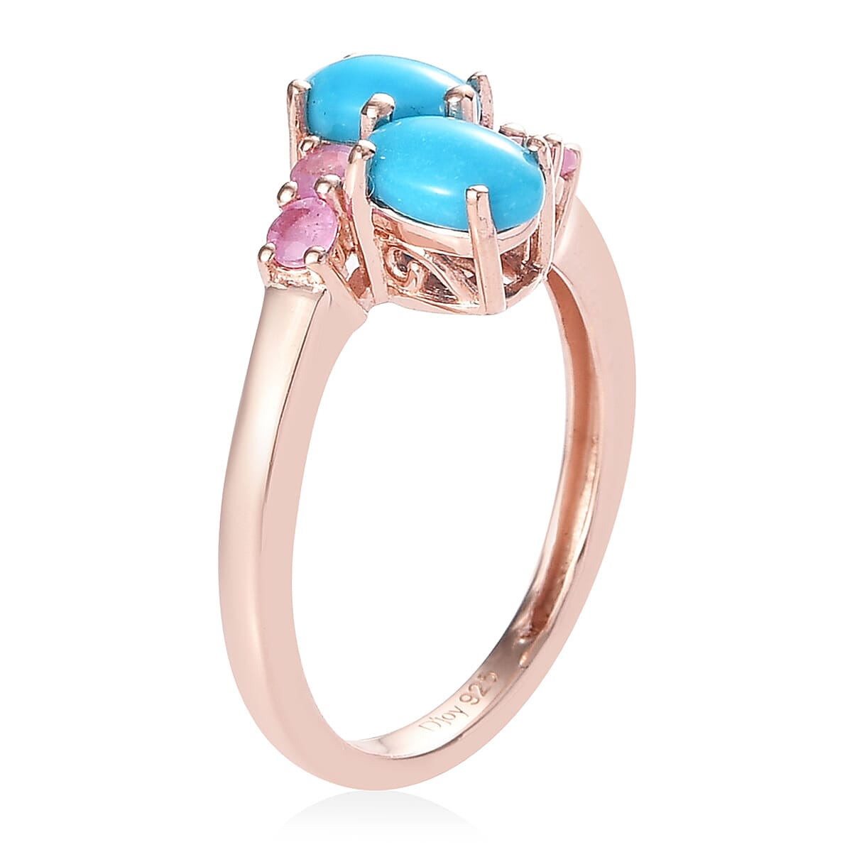AMERICAN Natural Sleeping Beauty Turquoise and Madagascar Pink Sapphire Bypass Ring in Vermeil Rose Gold Over Sterling Silver 1.15 ctw image number 3