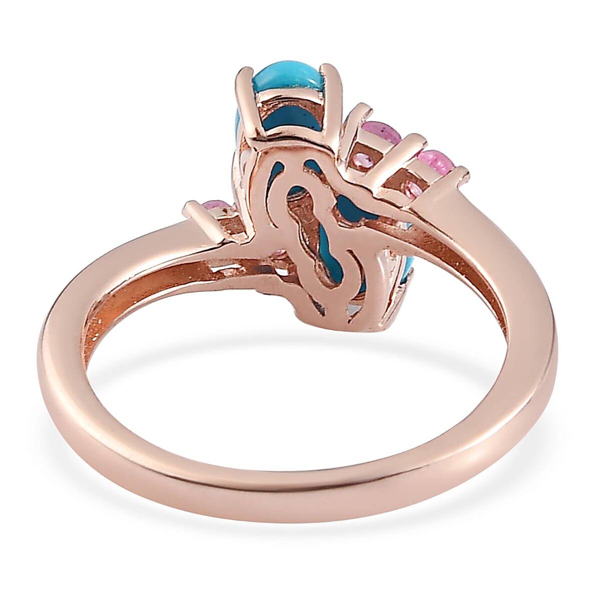 AMERICAN Natural Sleeping Beauty Turquoise and Madagascar Pink Sapphire Bypass Ring in Vermeil Rose Gold Over Sterling Silver 1.15 ctw image number 4