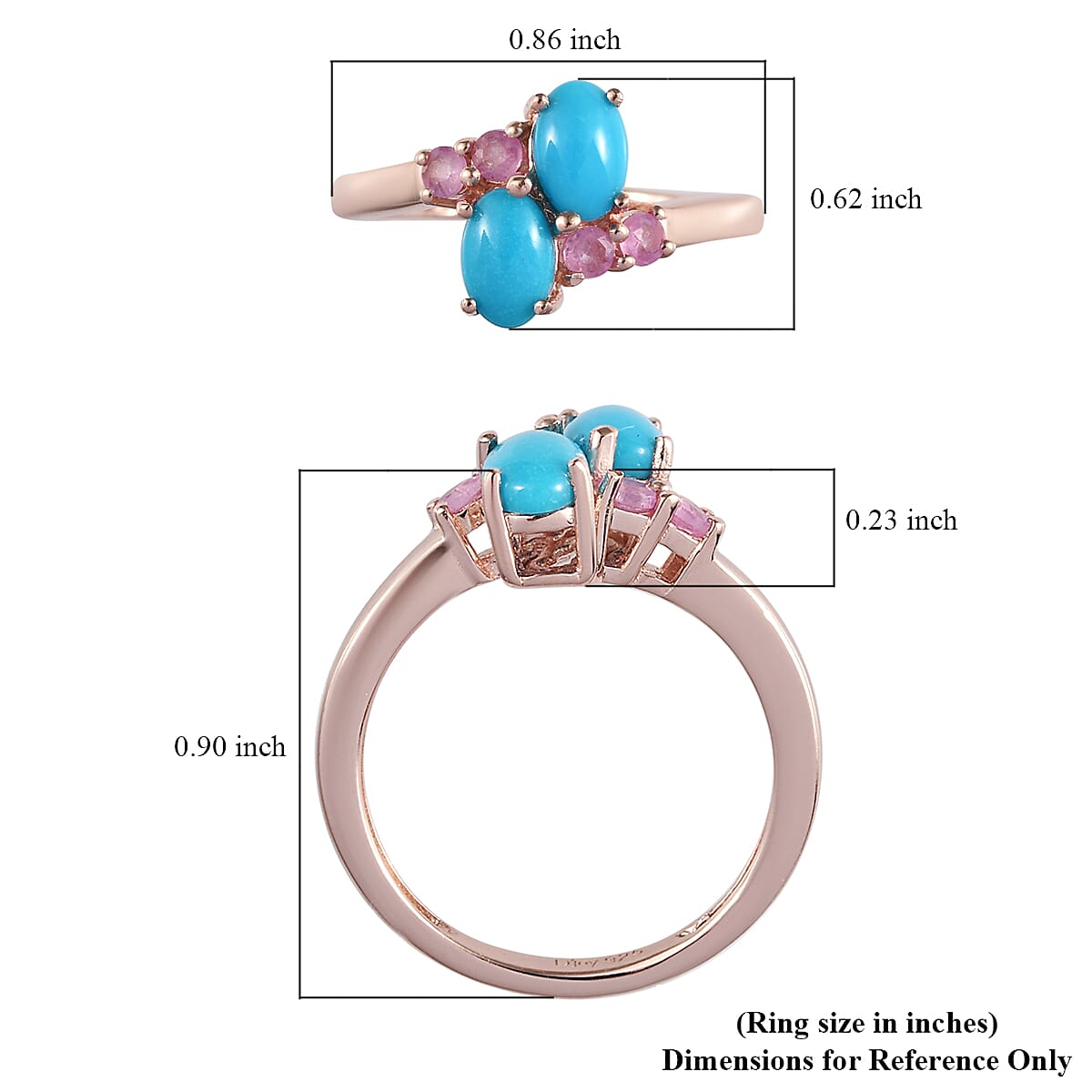 AMERICAN Natural Sleeping Beauty Turquoise and Madagascar Pink Sapphire Bypass Ring in Vermeil Rose Gold Over Sterling Silver 1.15 ctw image number 5