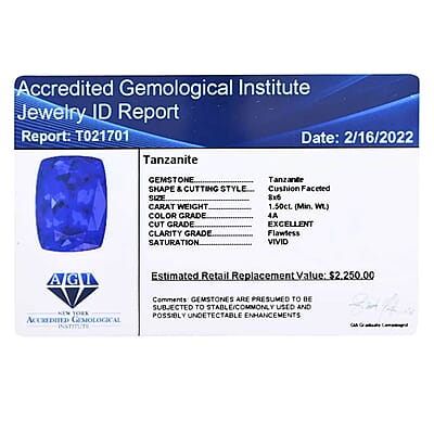 Certified and Appraised AAAA Tanzanite (Cush 8x6 mm) 1.50 ctw