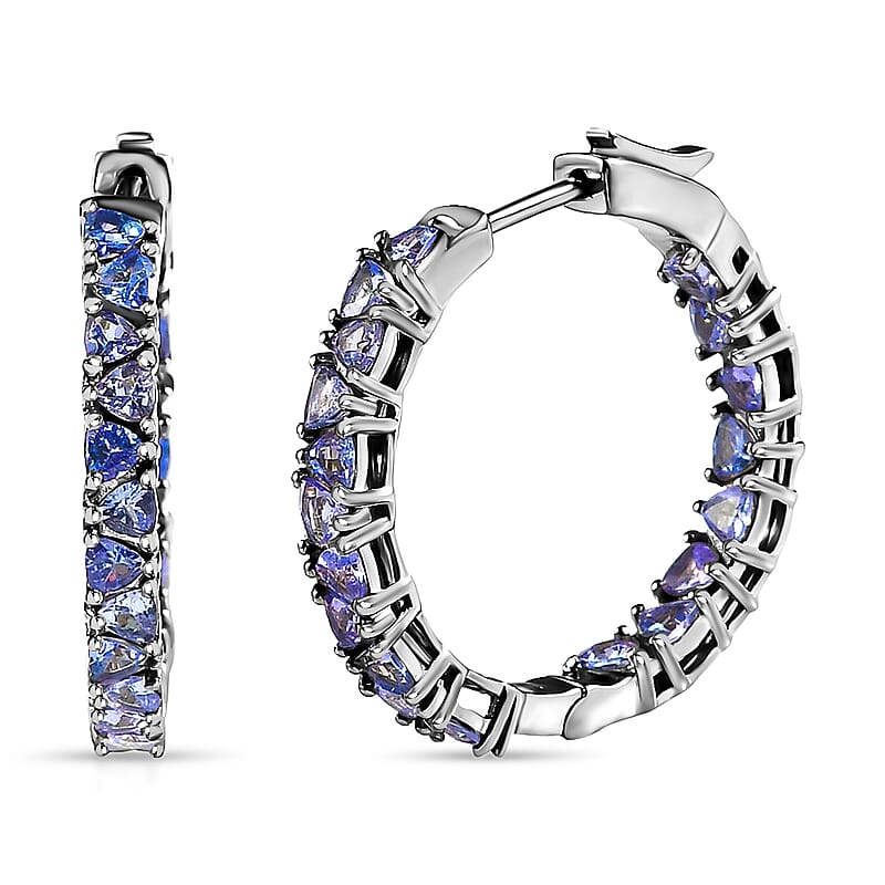 Tanzanite Earrings in Platinum Over Sterling Silver, Inside Out Hoops, Silver Tanzanite Earrings 4.75 ctw