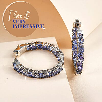 Tanzanite Earrings in Platinum Over Sterling Silver, Inside Out Hoops, Silver Tanzanite Earrings 4.75 ctw