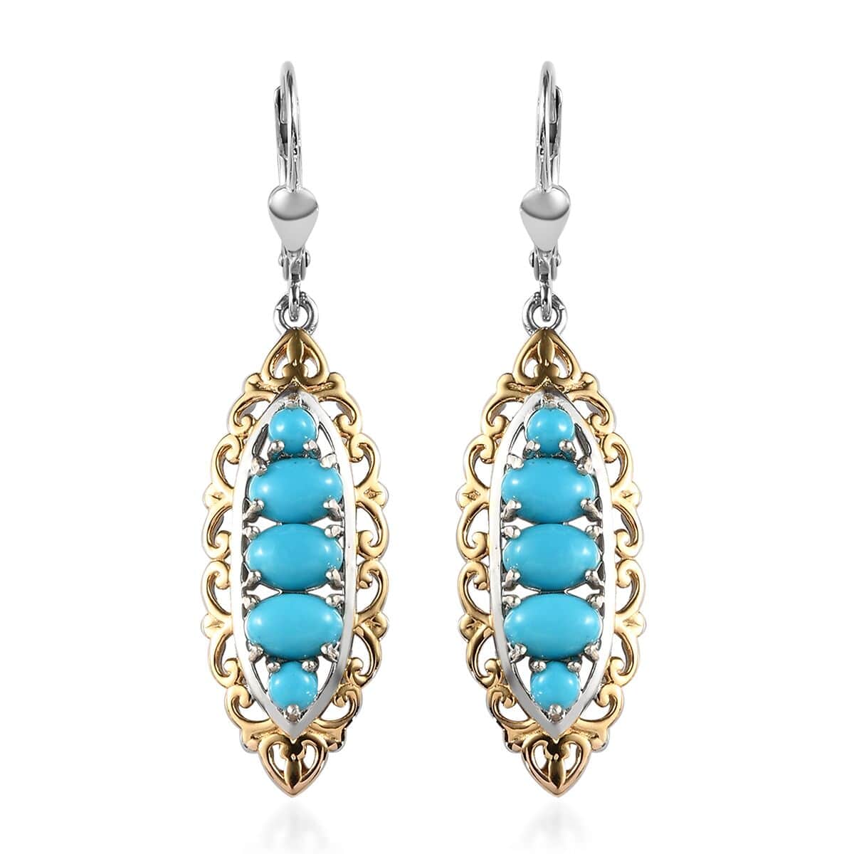 AMERICAN Natural Sleeping Beauty Turquoise Lever Back Earrings in Vermeil Yellow Gold and Platinum Over Sterling Silver 2.65 ctw image number 0