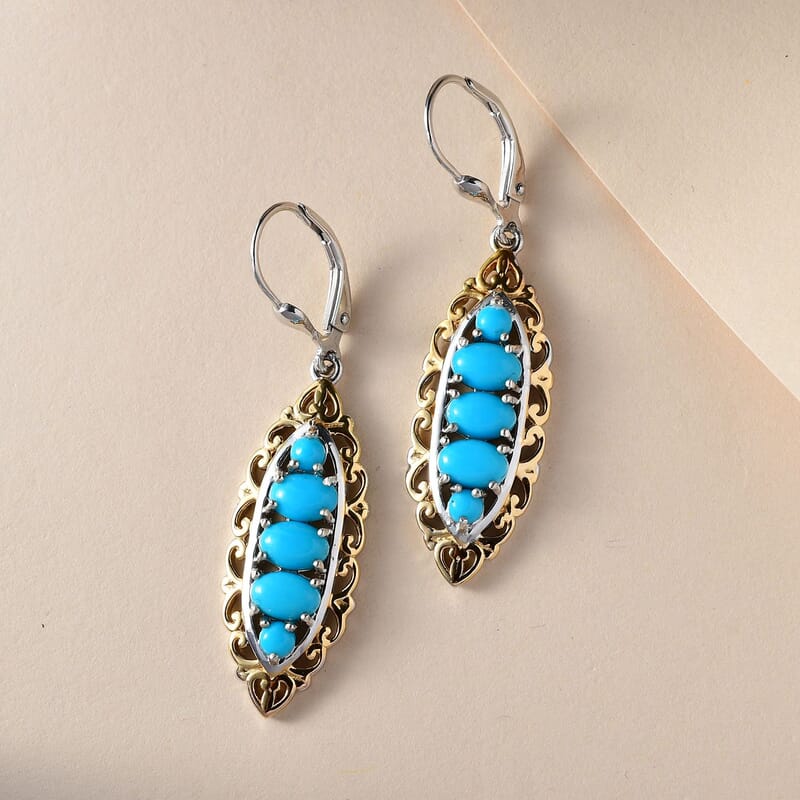 Sleeping Beauty Turquoise Lever Back Earrings in Vermeil Yellow Gold and Platinum Over Sterling Silver 2.65 ctw