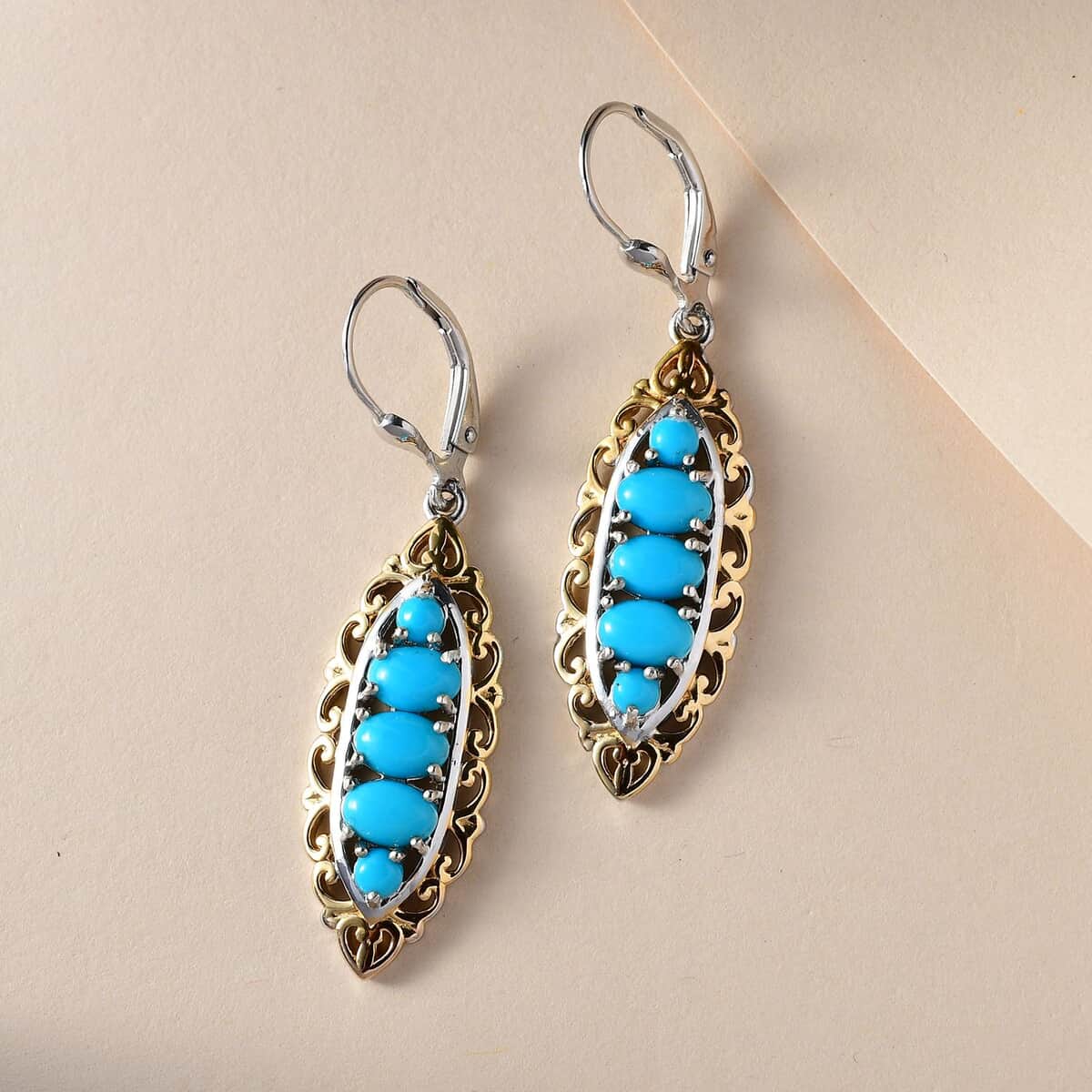 AMERICAN Natural Sleeping Beauty Turquoise Lever Back Earrings in Vermeil Yellow Gold and Platinum Over Sterling Silver 2.65 ctw image number 1