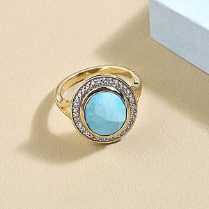 Sleeping Beauty Turquoise and White Zircon 3.80 ctw Ring in Vermeil Yellow Gold Over Sterling Silver (Size 9)