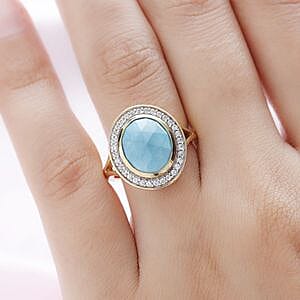 Sleeping Beauty Turquoise and White Zircon 3.80 ctw Ring in Vermeil Yellow Gold Over Sterling Silver (Size 9)