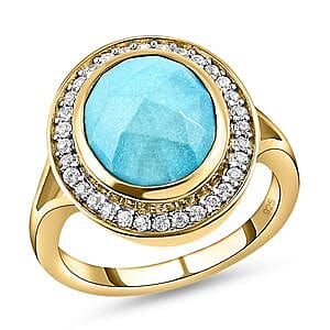 Sleeping Beauty Turquoise and White Zircon 3.80 ctw Ring in Vermeil Yellow Gold Over Sterling Silver (Size 9)