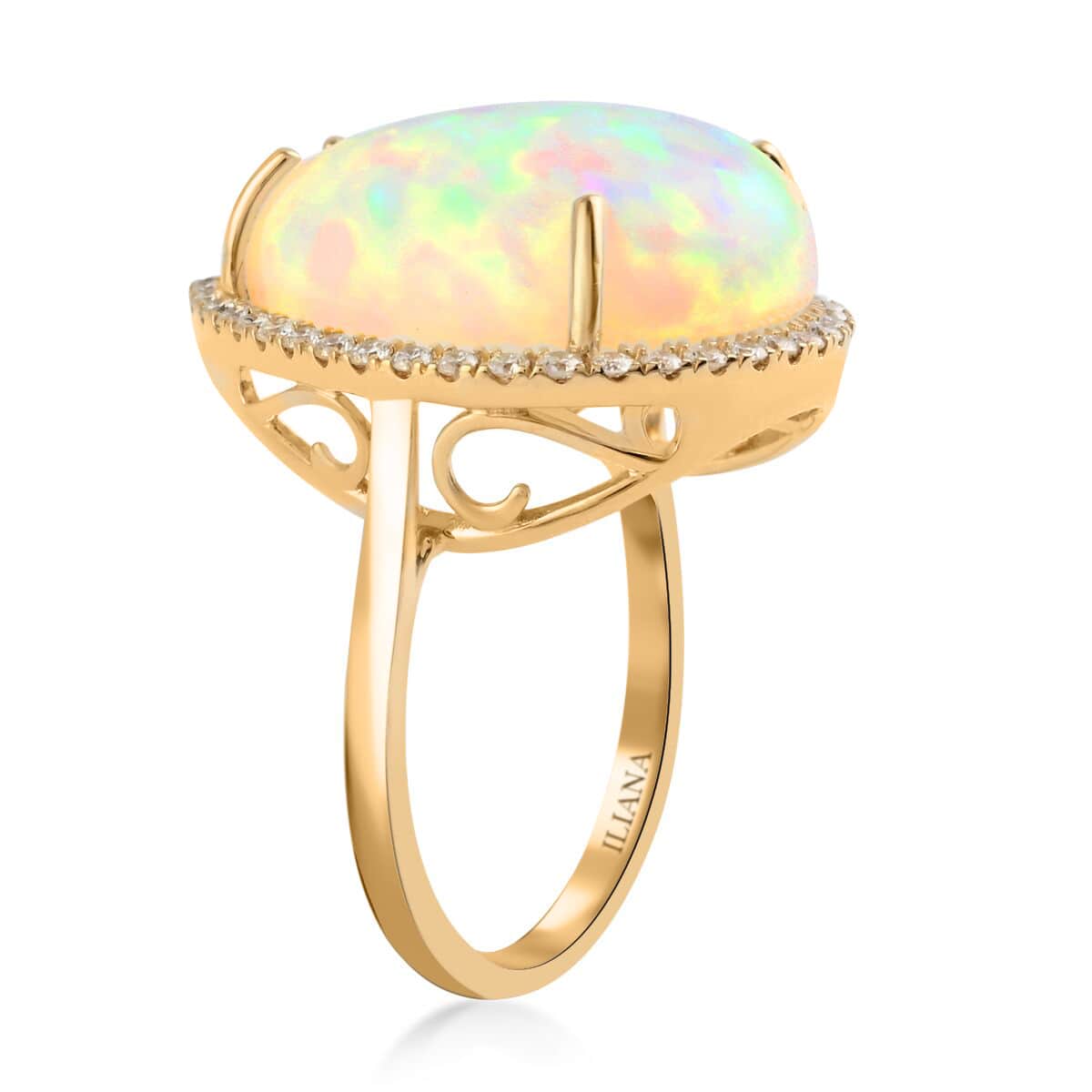 Certified and Appraised Iliana AAA Ethiopian Welo Opal Halo Ring in 18K Yellow Gold, G-H SI Diamond Accent Ring, Opal Jewelry, Wedding Gifts For Her 4.25 Grams 12.00 ctw (Size 7) image number 1