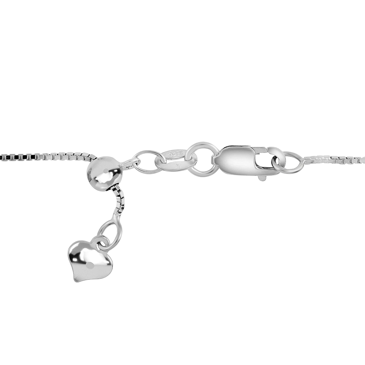 Sterling Silver Box Chain Bolo Adjustable Necklace with Heart Charm 24 Inches  0.8mm 2.90 Grams