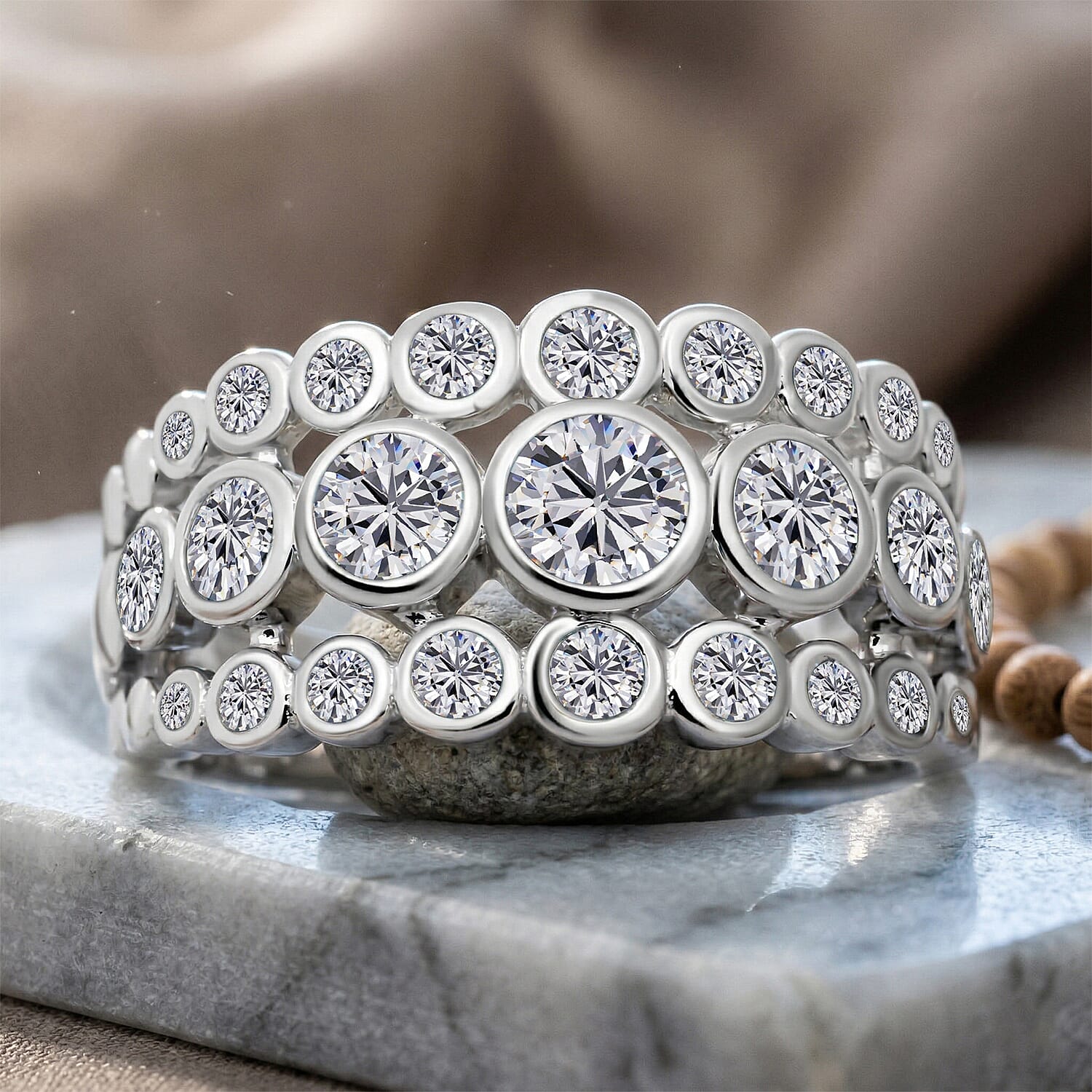 Simulated Diamond Scallop Band Ring in Sterling Silver