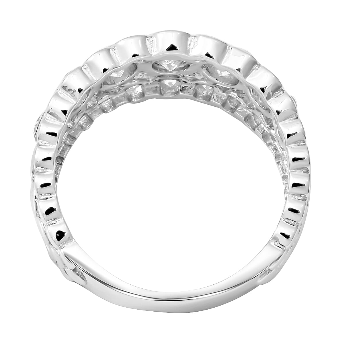 Simulated Diamond Scallop Band Ring in Sterling Silver