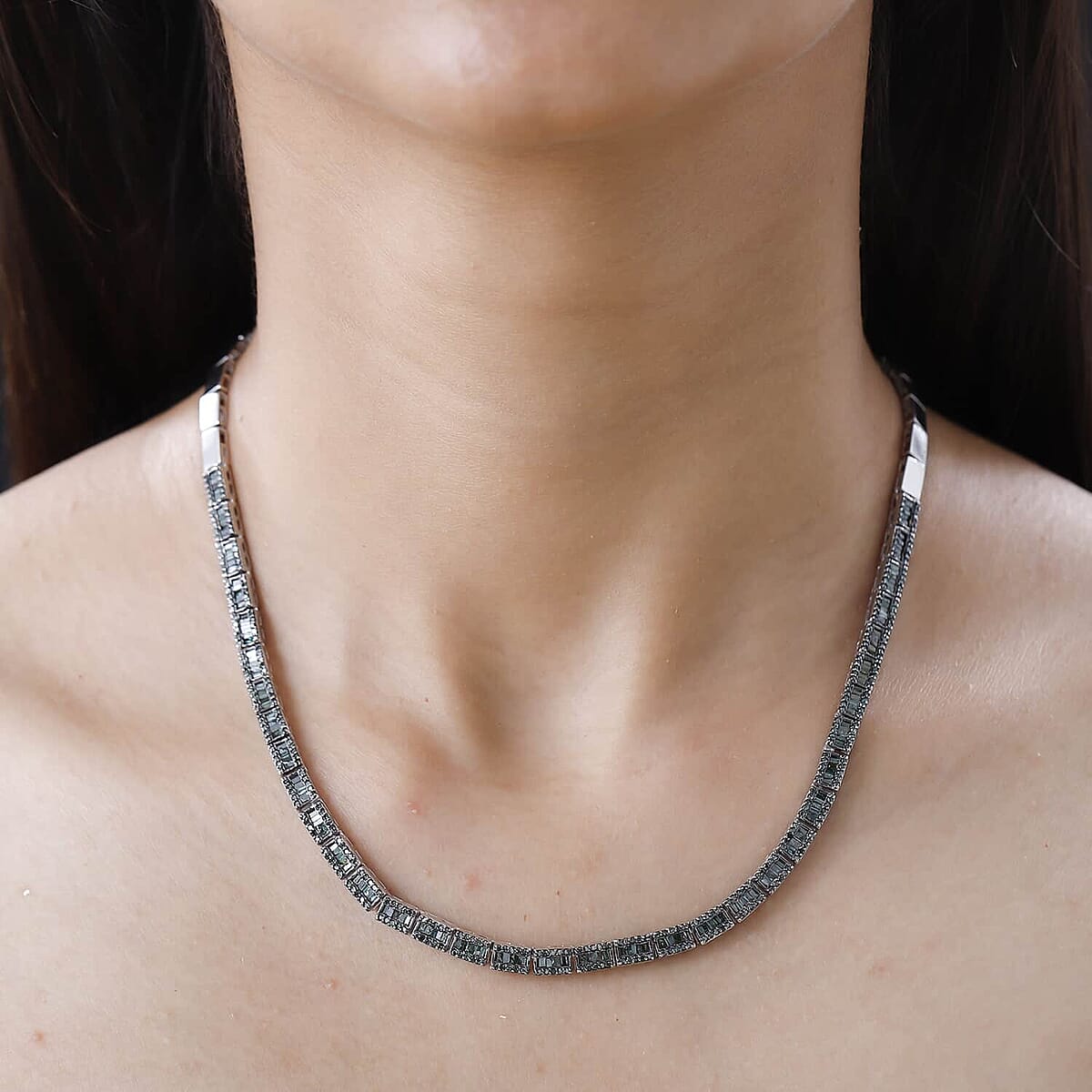 D'Joy Green Diamond Tennis Necklace, Green Diamond Three Row Necklace, Rhodium and Platinum Over Sterling Silver Necklace, 16 Inch Necklace, Diamond Jewelry For Her 4.00 ctw image number 2