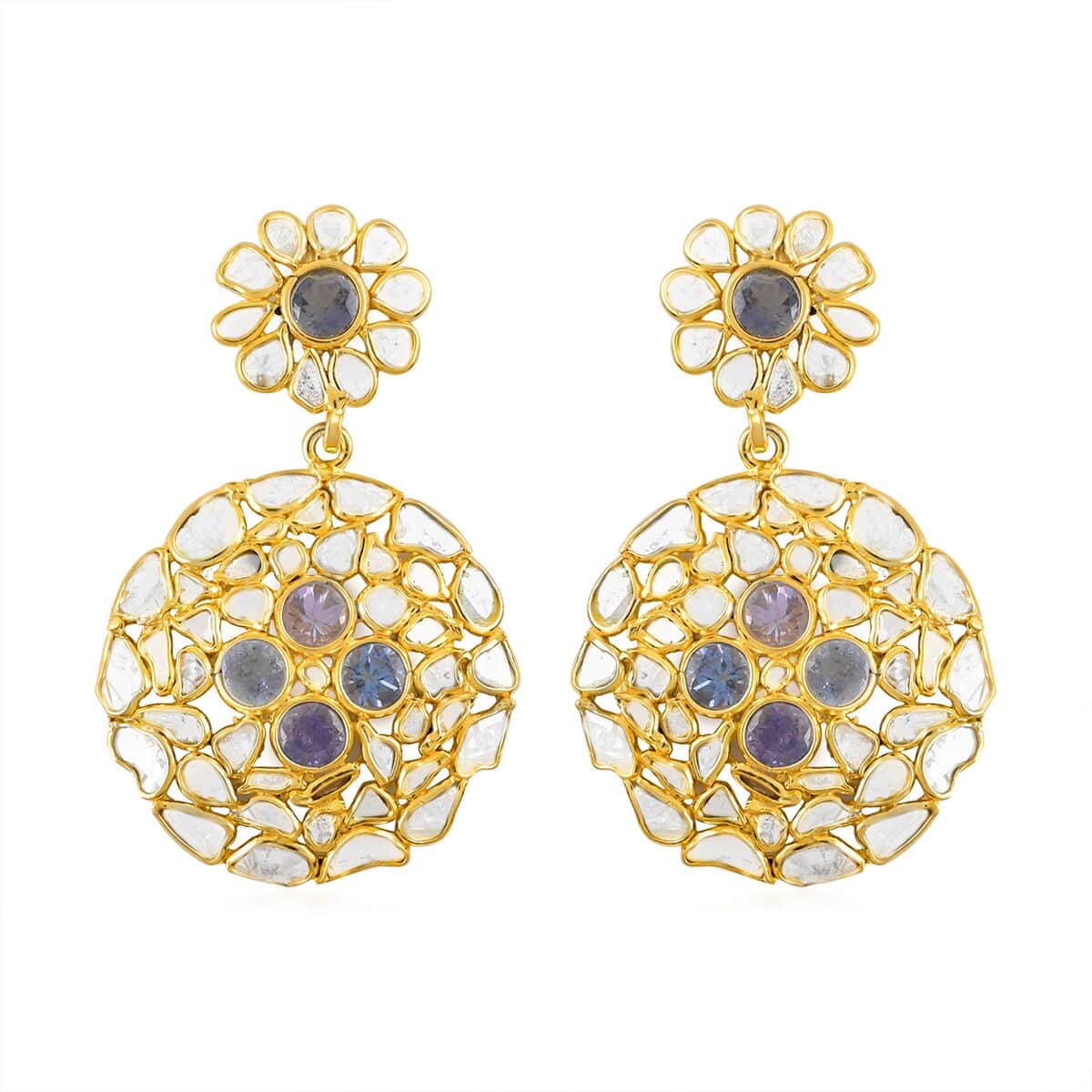 Polki Diamond and Tanzanite Round Flower Earrings in 14K Yellow Gold Over Sterling Silver 5.30 ctw image number 0