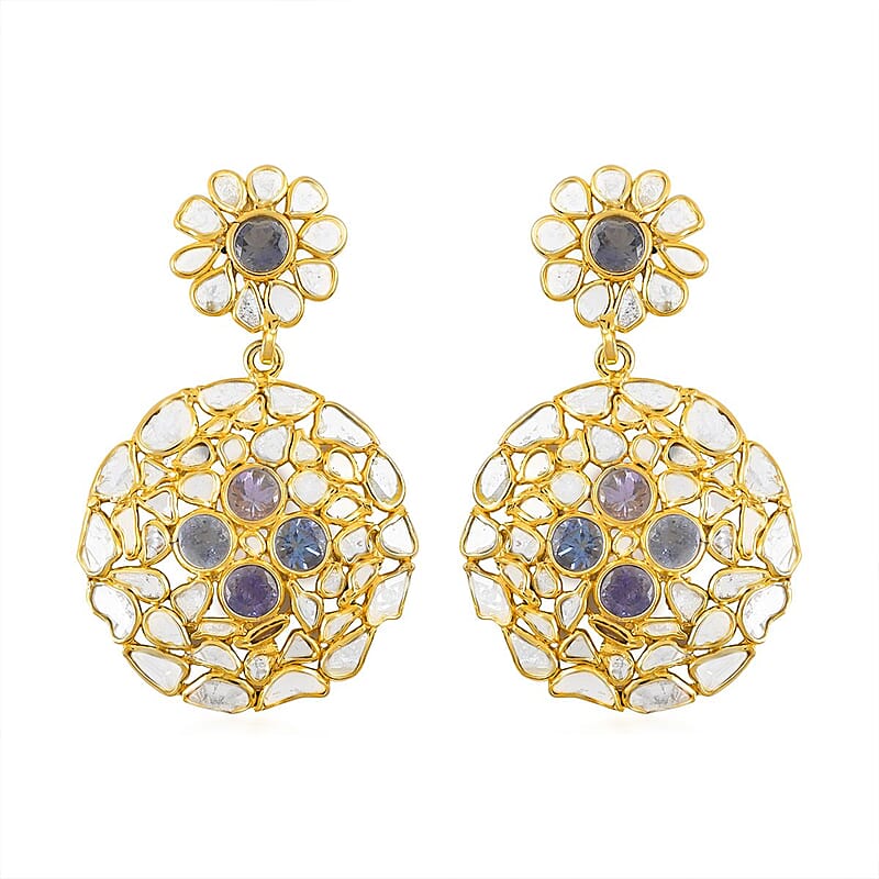 Polki Diamond and Tanzanite Round Flower Earrings in 14K Yellow Gold Over Sterling Silver 5.30 ctw