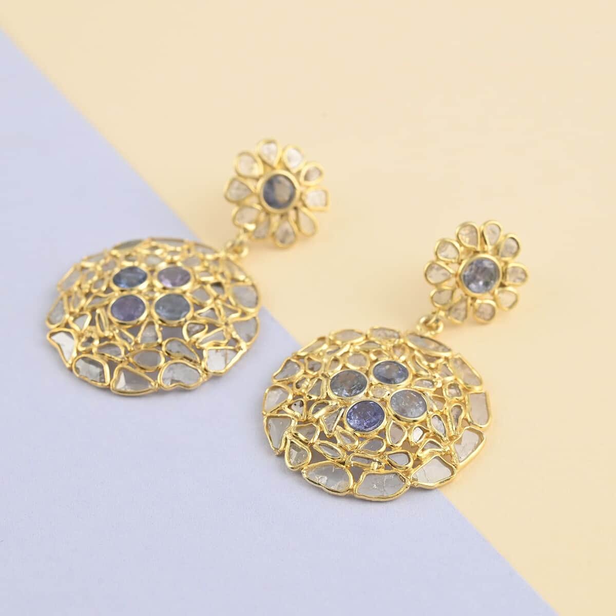 Polki Diamond and Tanzanite Round Flower Earrings in 14K Yellow Gold Over Sterling Silver 5.30 ctw image number 1