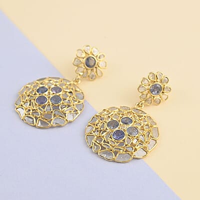 Polki Diamond and Tanzanite Round Flower Earrings in 14K Yellow Gold Over Sterling Silver 5.30 ctw