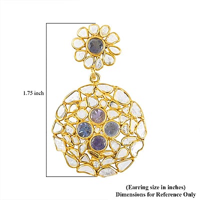 Polki Diamond and Tanzanite Round Flower Earrings in 14K Yellow Gold Over Sterling Silver 5.30 ctw