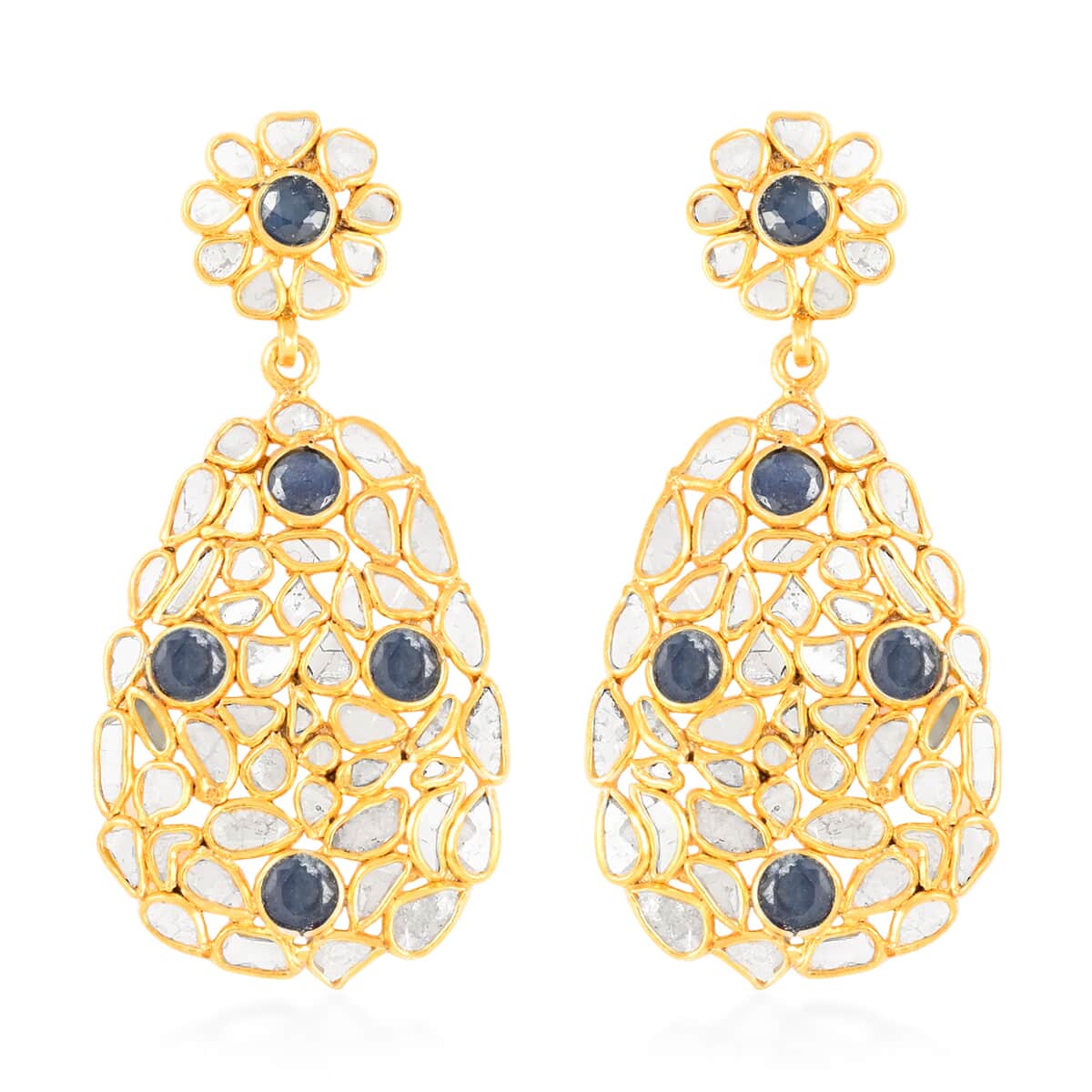 Polki Diamond and Blue Sapphire Oval Flower Earrings in 14K Yellow Gold Over Sterling Silver 7.50 ctw image number 0