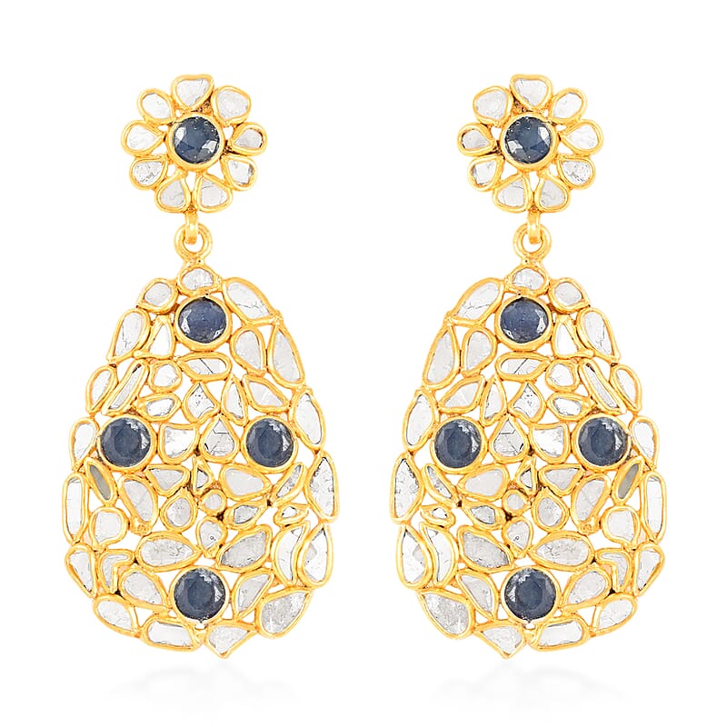 Polki Diamond and Blue Sapphire Oval Flower Earrings in 14K Yellow Gold Over Sterling Silver 7.50 ctw