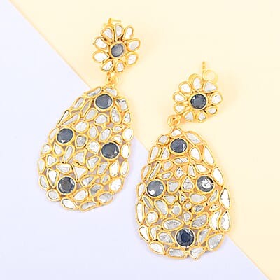 Polki Diamond and Blue Sapphire Oval Flower Earrings in 14K Yellow Gold Over Sterling Silver 7.50 ctw
