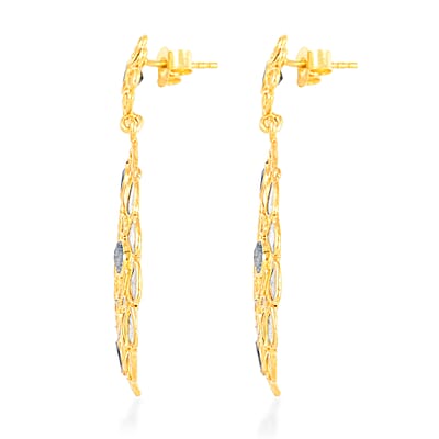 Polki Diamond and Blue Sapphire Oval Flower Earrings in 14K Yellow Gold Over Sterling Silver 7.50 ctw