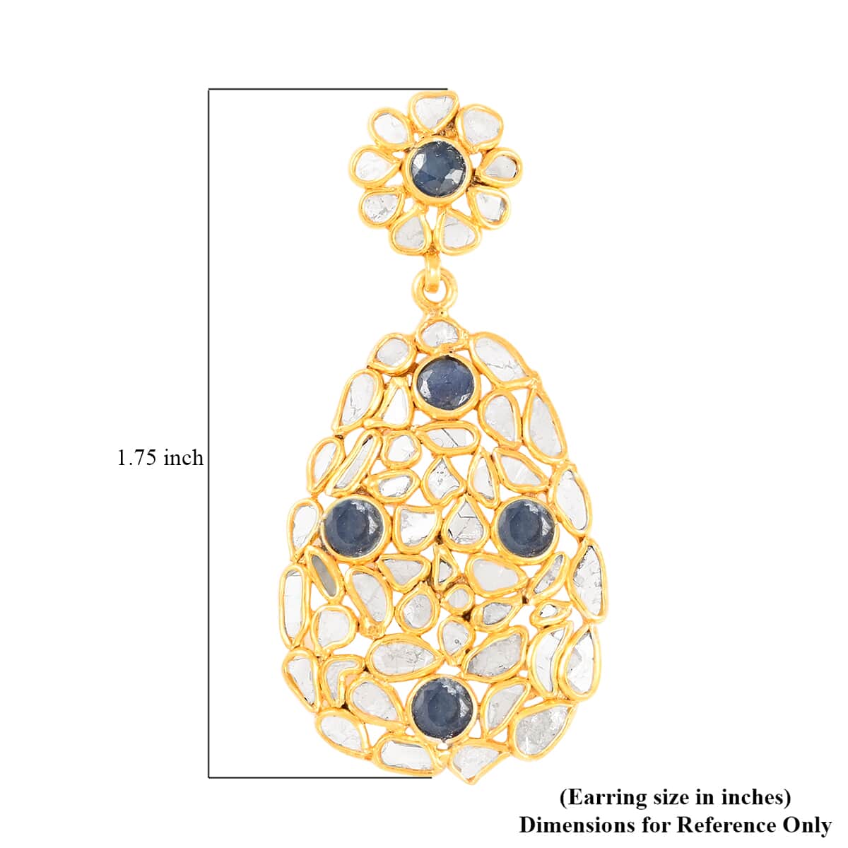 Polki Diamond and Blue Sapphire Oval Flower Earrings in 14K Yellow Gold Over Sterling Silver 7.50 ctw image number 4