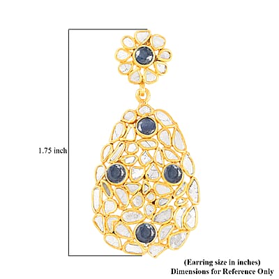 Polki Diamond and Blue Sapphire Oval Flower Earrings in 14K Yellow Gold Over Sterling Silver 7.50 ctw