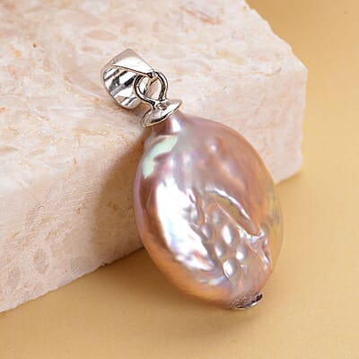 Purple Coin Keshi Pearl Pendant without Chain in Rhodium Over Sterling Silver 8.50 ctw