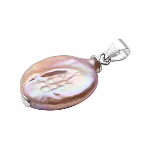 Purple Coin Keshi Pearl Pendant without Chain in Rhodium Over Sterling Silver 8.50 ctw
