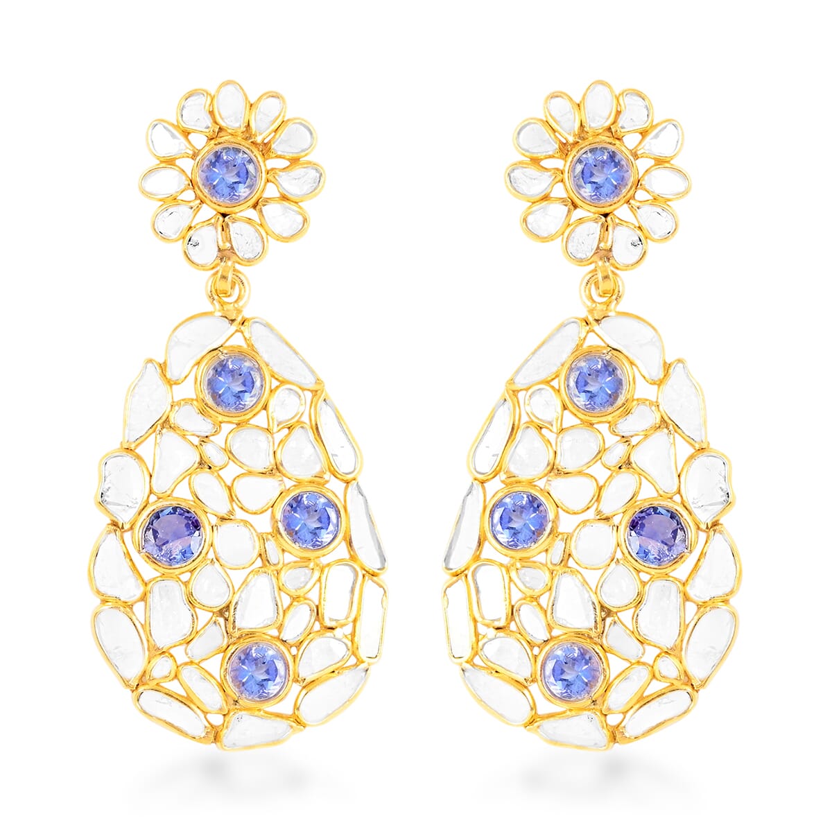 Polki Diamond and Tanzanite Oval Flower Earrings in 14K Yellow Gold Over Sterling Silver 7.50 ctw image number 0