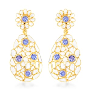 Polki Diamond and Tanzanite Oval Flower Earrings in 14K Yellow Gold Over Sterling Silver 7.50 ctw