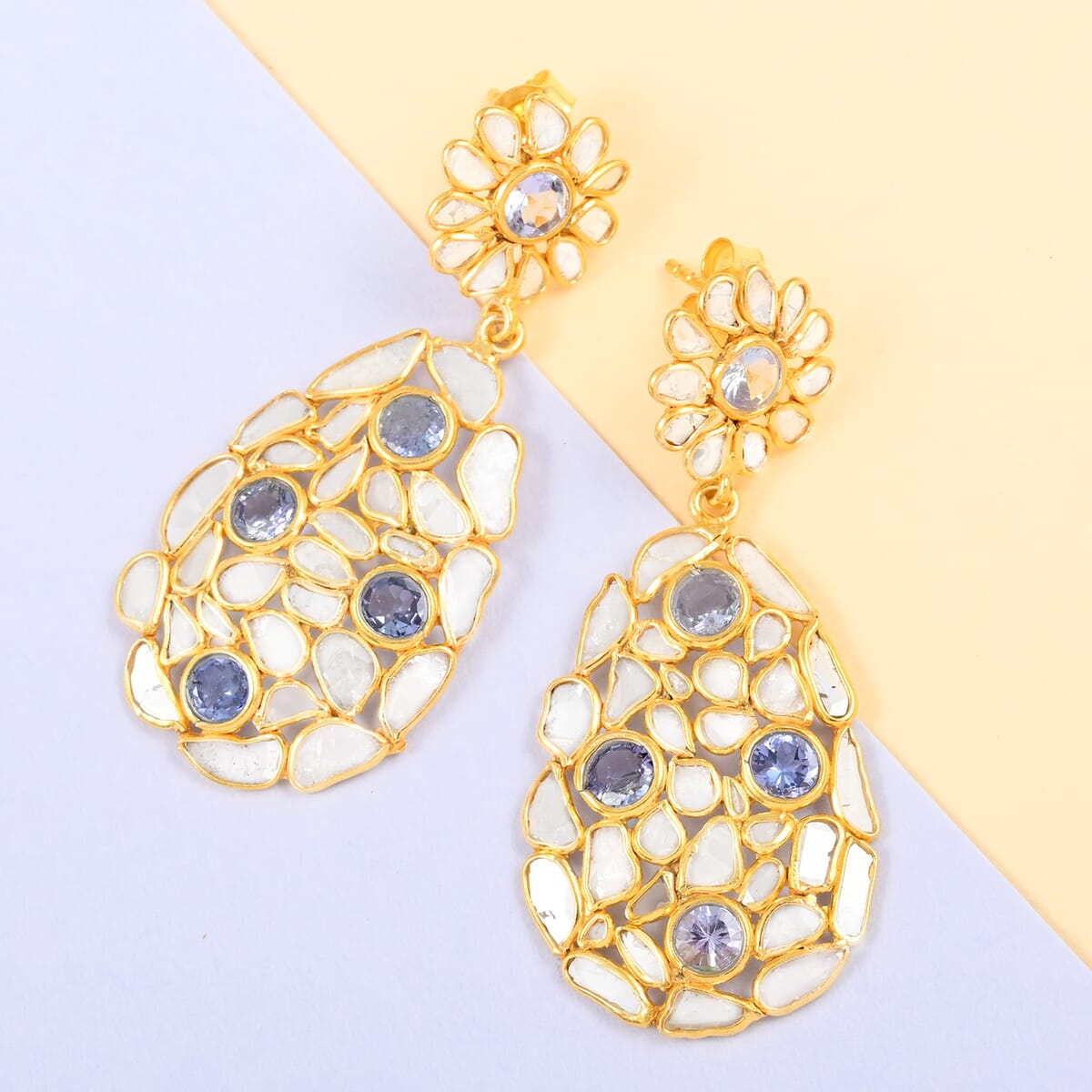 Polki Diamond and Tanzanite Oval Flower Earrings in 14K Yellow Gold Over Sterling Silver 7.50 ctw image number 1